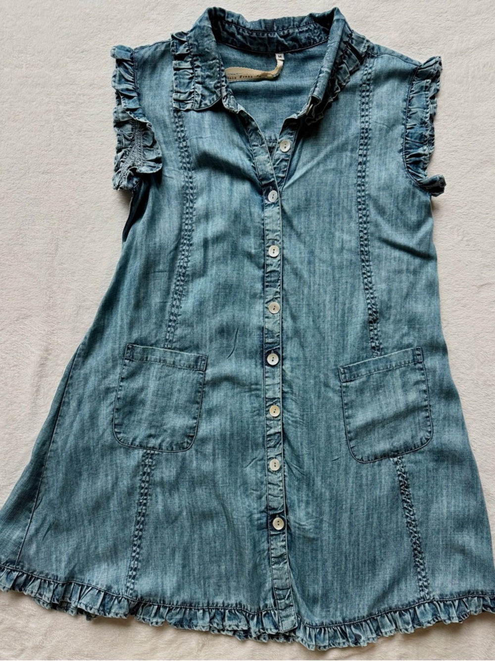 Uncle Frank Light Blue Denim-Effect Tencel Ruffle Button-Front Dress